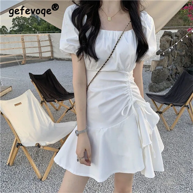 

Summer Women Sweet Puff Sleeves White Dress Female Short Sleeve Square Collar Solid Elegant Drawstring Ruffle Casual Mini Dress