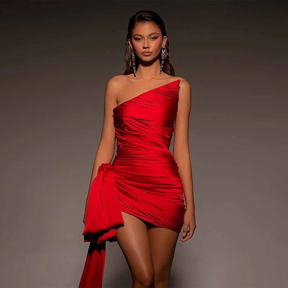 

Sexy Cocktail Dresses Red Asymmetrical Big Bow Satin Women's Cocktail Gowns 2024 Pleated Backless Sheath/Column Party Dress Mini