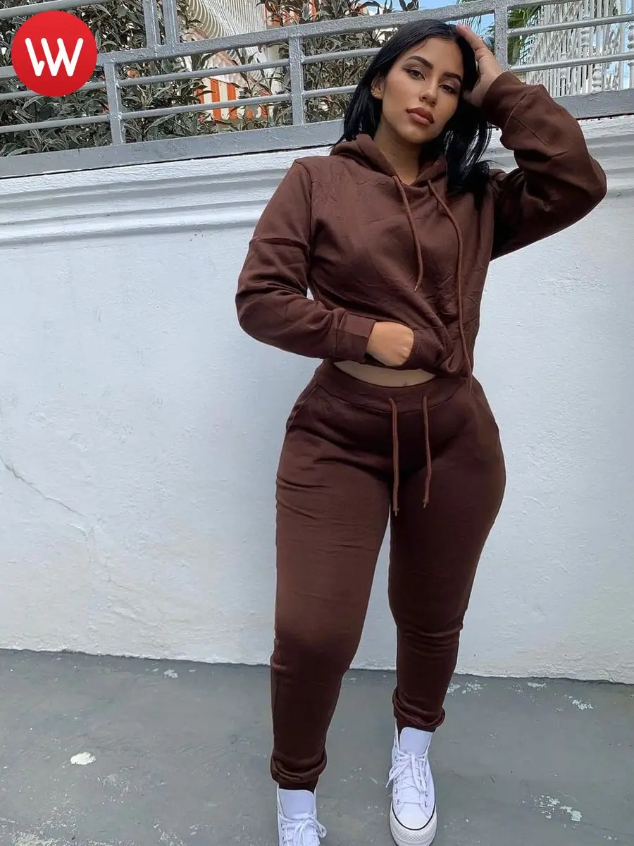 

LW Autumn Two Piece Women Workout Suits Hooded Kangaroo Pocket Drawstring Tracksuit Set Sporty Hoodie+Leggings Matching Outfits