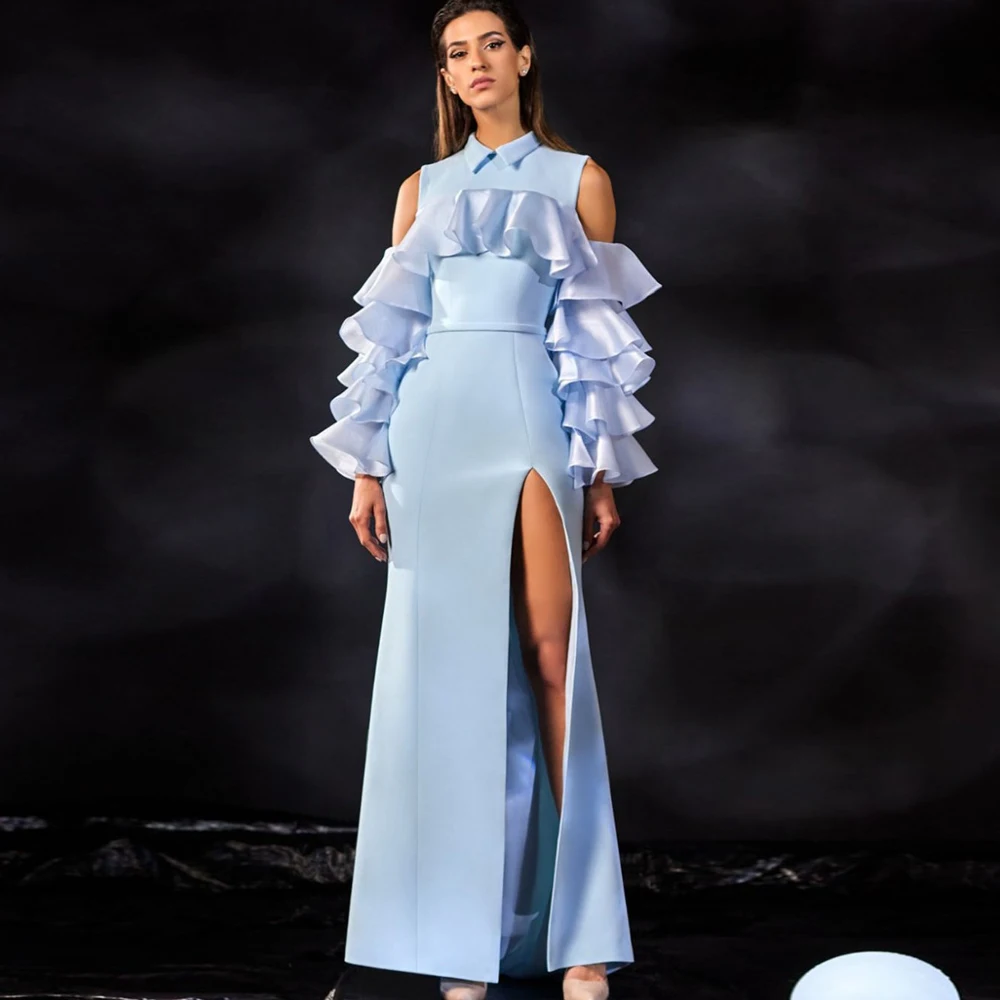 High-neck Long Sleeve Ruffled Chiffon Straight Matte Satin Women Clothing Floor Length Light Blue Evening Dresses With Slit
High-neck Long Sleeve Ruffled Chiffon Straight Matte Satin Women Clothing Floor Length Light Blue Evening Dresses With Slit