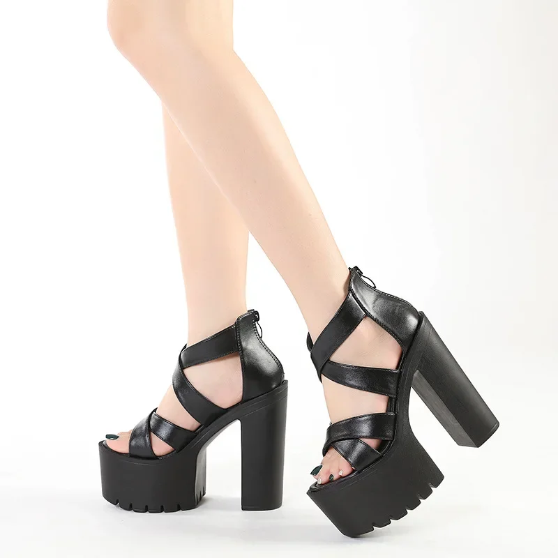 

Туфли женские водонепроницаемые на толстой подошве, сандалии на очень высоком каблуке, пикантная обувь для ночного клуба, на платформе, с открытым носком, в римском стиле
