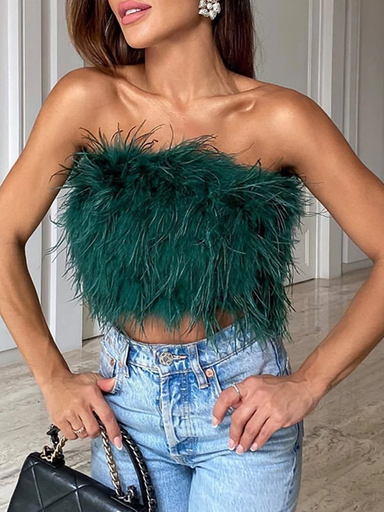 

wsevypo Vintage Furry Feathers Bandeau Tube Tops Summer Chic Women Off-Shoulder Crop Tank Tops Strapless Backless Bustiers Tops