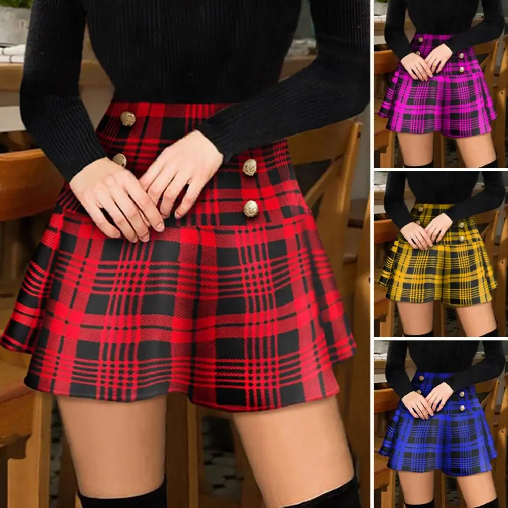 

A-line Pleated Skirt Chic Plaid Print Skirts High-waisted Button-decorated Breathable for Fashionable Women Versatile Style