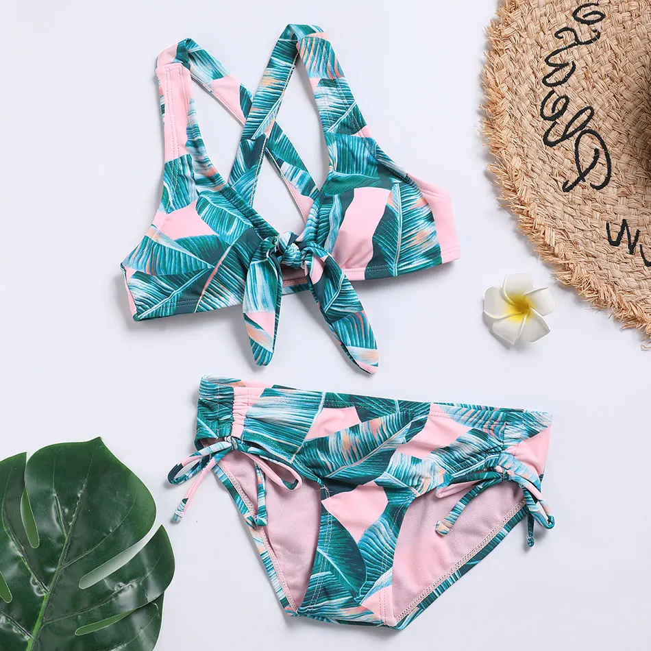 

Girl Tropical Leaf Print Bikini Swimsuit Kids Criss Cross Two Piece Children's Swimwear 7-14 Years Knot Front Bathing Suit 2023