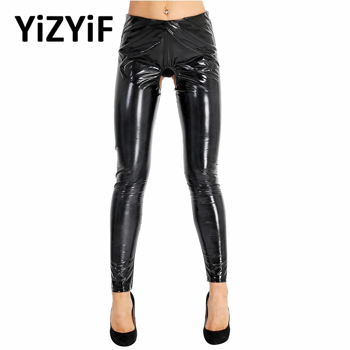 

Women Wetlook Patent Leather Open Crotch and Butt Leggings Pants Latex Backless Trousers Nightclub Pole Dancing Clothes Clubwear