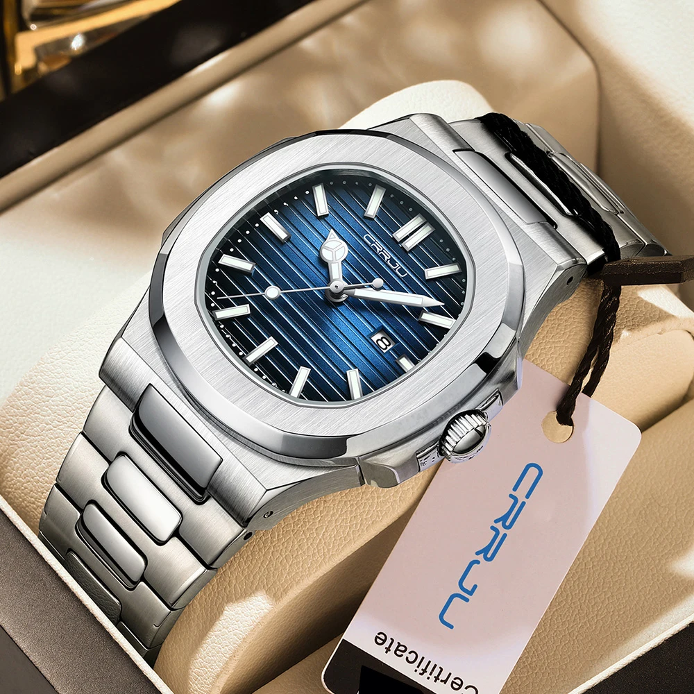 

CRRJU Luxury Casual Watch Top Brand Fashion Square Dial Stainless Steel Calendar Luminous Waterproof Men Watch Male Clock+Box