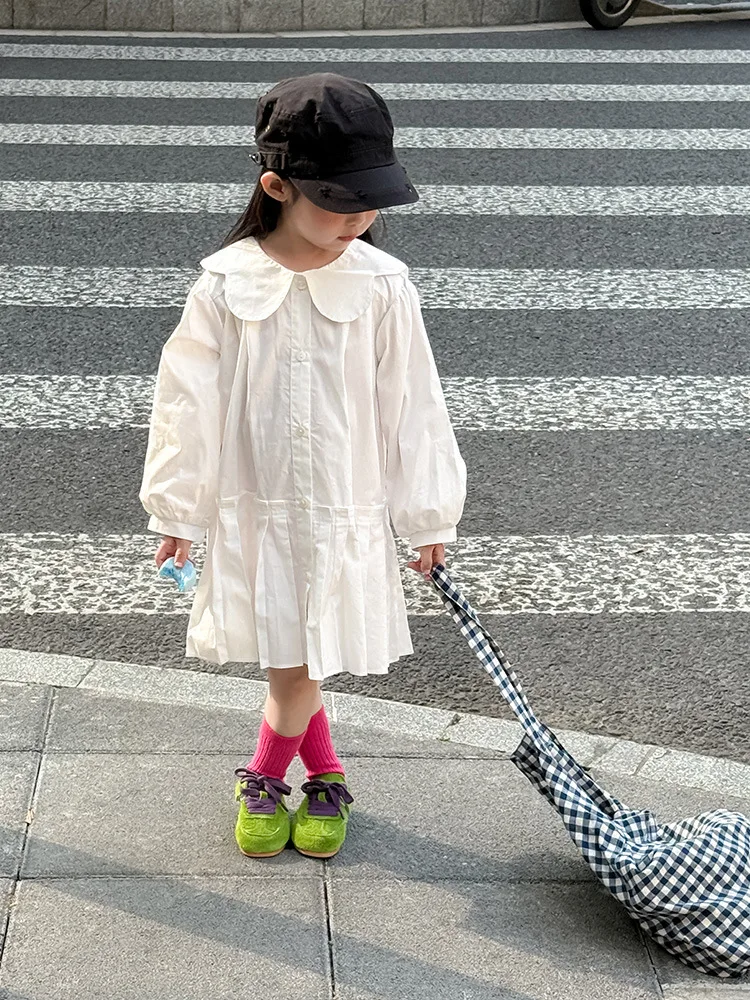 2025 Autumn New Girls Preppy Style Pleated Dress Solid Children Long Sleeve Dress Baby Girl Large Lapel Loose Dress Kids Clothes 24