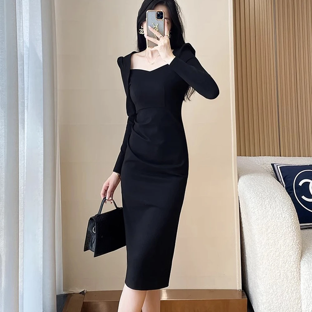 

Black Dress Spring and Autumn New High Luxury French Hepburn Style Waist Closing and Slim Fit Style Celebrity Mid length Skirt