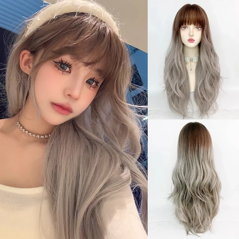 

Ombre Gray Brown Gradient Synthetic Long Wavy Curly Wigs with Bangs Fluffy Women Lolita Cosplay Hair Wig for Daily Party