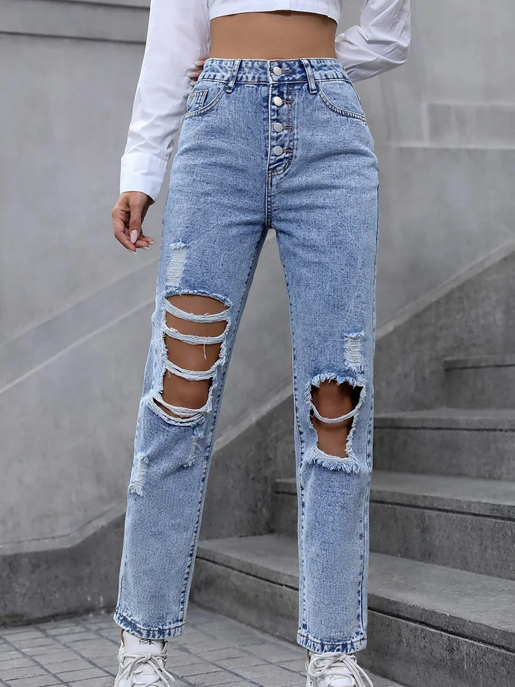 

Benuynffy Women Ripped High Waisted Jeans Button Fly Boyfriend Loose Streetwear Pockets Straight Leg Denim Pants with Hole