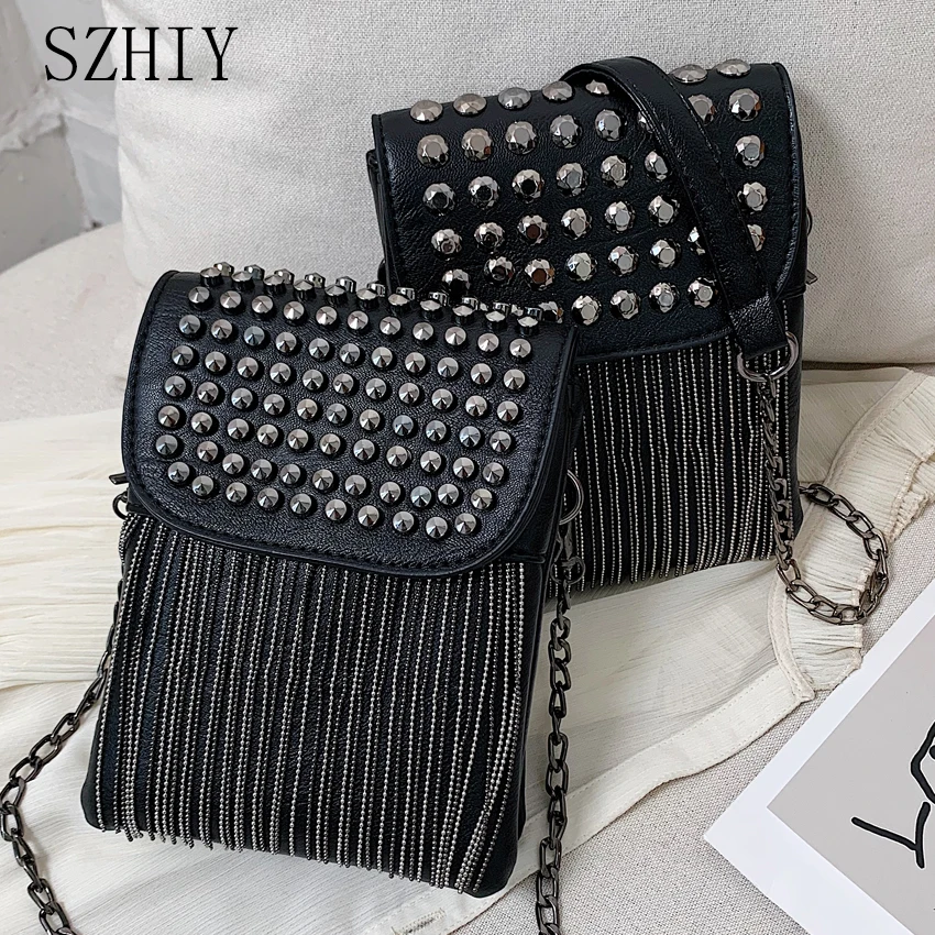 Модные Винтажные дизайнерские сумки с заклепками и бахромой в стиле панк из искусственной кожи, новинка, женские сумки через плечо с цепочкой, сумочка с инкрустированным бриллиантом и карманом для телефона
Модные Винтажные дизайнерские сумки с заклепками и бахромой в стиле панк из искусственной кожи, новинка, женские сумки через плечо с цепочкой, сумочка с инкрустированным бриллиантом и карманом для телефона