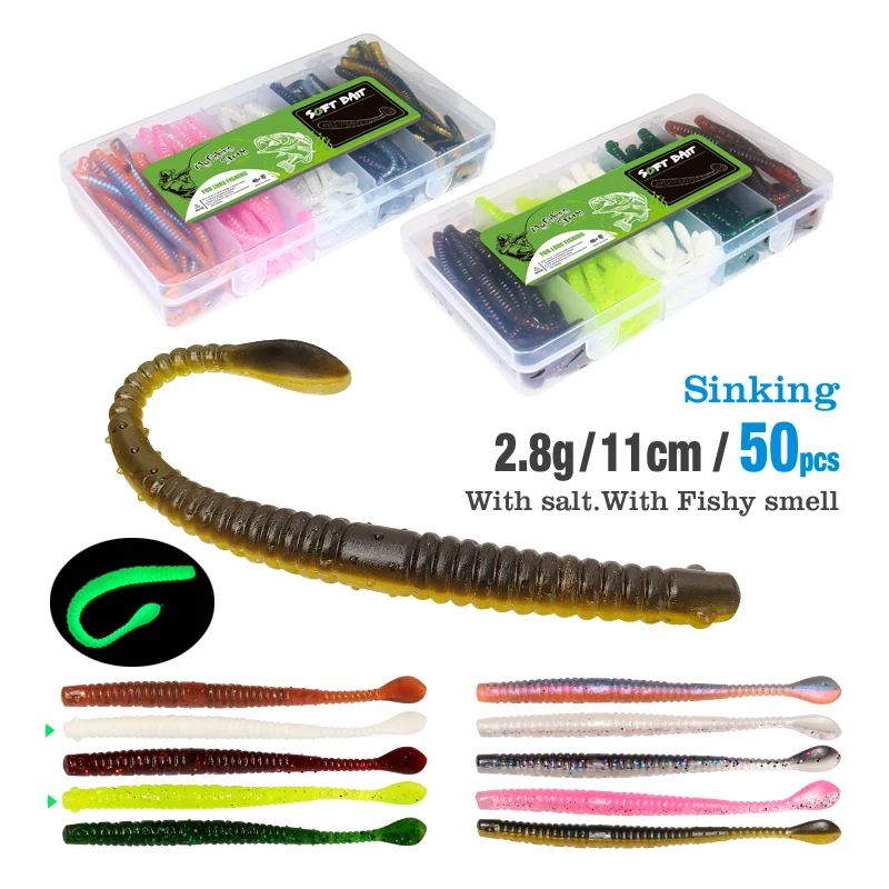 

ILURE 50Pcs/Box Soft Fishing Lure 11cm 2.8g Worm Swimbait Artificial Silicone Baits Sea Fishing Carp Bass Wobblers Tackle