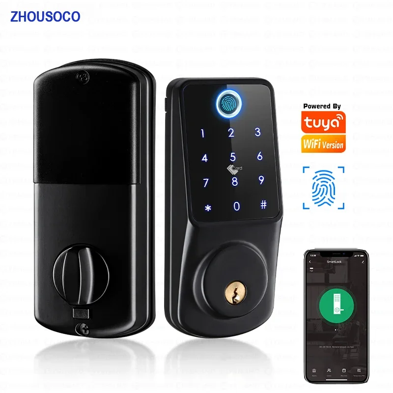 

TUYA Wifi Fingerprint Smart Deadbolt Locks Biometric Digital Lock APP Password Card Keyless Entry Electronic Door Lock for Home