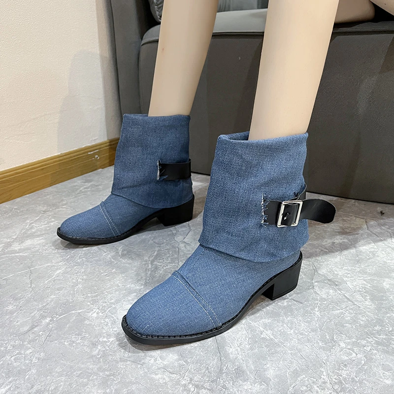 

2023 Winter Shoes for Female Slip-on Belt Buckle Women's Ankle Boots Square Heel Women's Shoes Turned-over Edge Ladies Boots