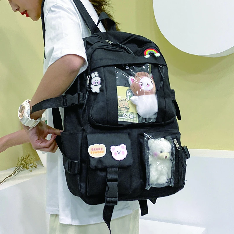 

Черный рюкзак для женщин, большие школьные ранцы, школьный рюкзак для девочек-подростков в стиле преппи с игрушечным медведем, дешевый женский рюкзак из ткани Оксфорд, рюкзак
