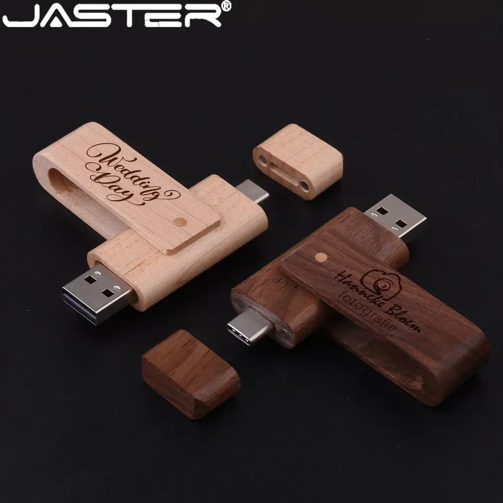 

JASTER Rotatable Wooden 2 in 1 TYPE-C USB Flash Drives 128GB Pen Drive 64GB Free Custom Logo Memory Stick 32GB Creative Gift