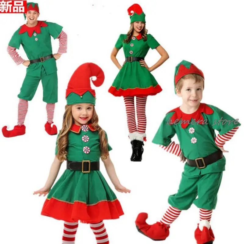 

Christmas Santa Claus Costume Green Elf 2023 Family Carnival Party New Year Fancy Dress Clothes Set 2024 Men Women Girls Boys