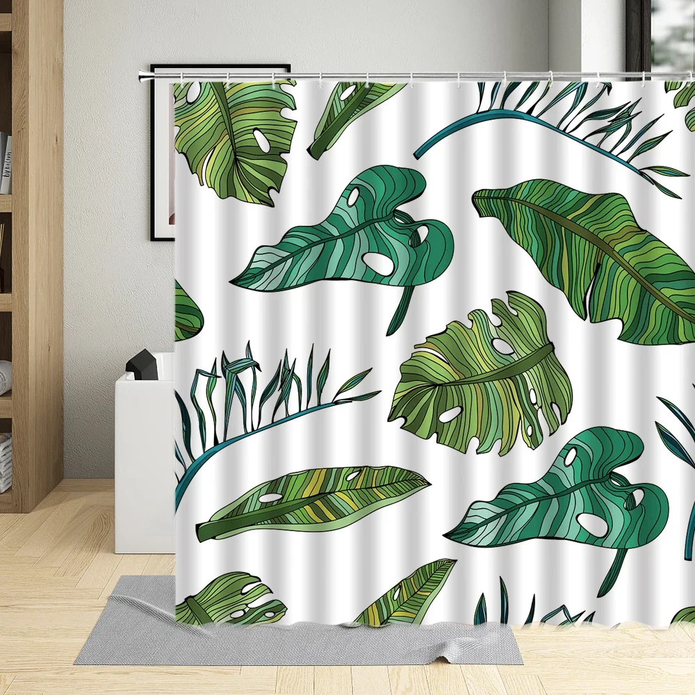 

Занавеска для душа с тропическими растениями, зелеными листьями, пальмовыми листьями, акварельным принтом, украшение для ванной комнаты, занавески из полиэстера, набор крючков