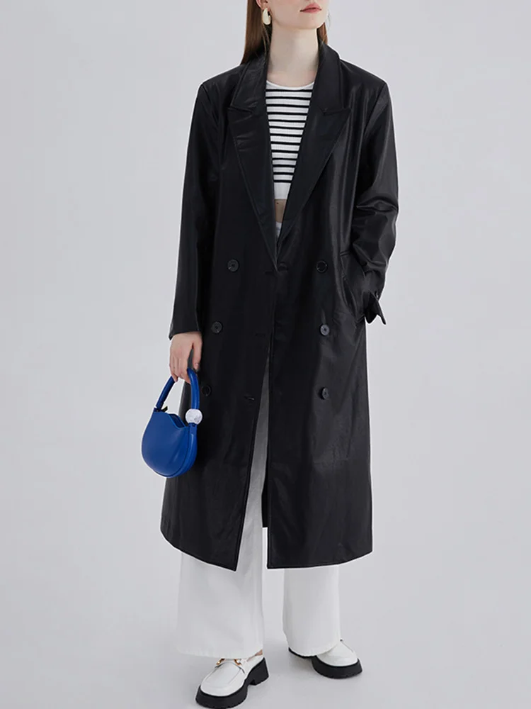 Women Black Pu Leather Belted Big Size Long Trench New Lapel Long Sleeve Windbreaker Fashion Spring Autumn 2023 M371 
Women Black Pu Leather Belted Big Size Long Trench New Lapel Long Sleeve Windbreaker Fashion Spring Autumn 2023 M371