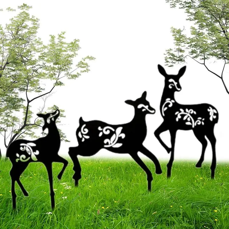 

Decorative Deer Stakes 3Pcs Sunproof And Rustic Silhouette Stakes Metal Deer Decors Garden Sculptures For Balcony Garden