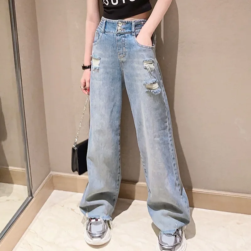 

vintage teenage girls jeans pants ripped wide leg denim pants floor mop trousers distressed holes kids clothes 6 to 16 years