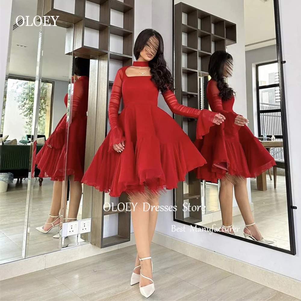 

OLOEY Saudi Arabic Lady Red Short Prom Party Dresses Long Sleeves Square Neck Chiffon Knee Length Cocktail Formal Gowns