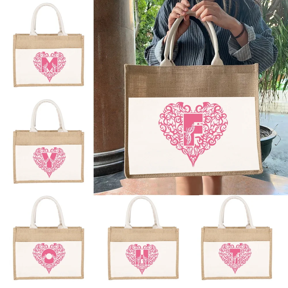 

Jute Bag Women's Shopper Bags Canvas Tote Bags Love Letter Pattern Series Eco Portable Fashion Merch Shopping Bags