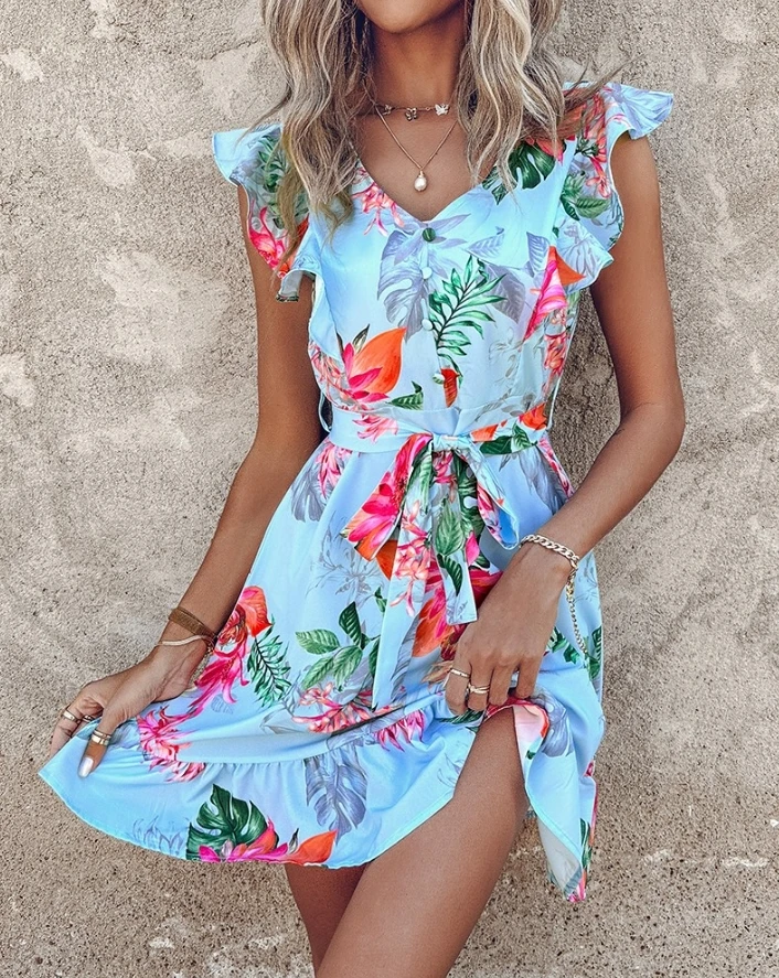 

2024 Summer New Leisure Vacation Micro Elastic Ruffle Edge Button Tropical Print Lace up Details Dress