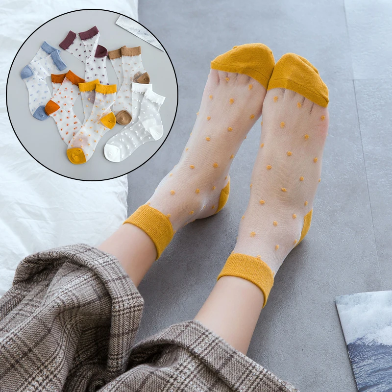 

1Pair Invisible Short Sock Polka Dot Elastic Hosiery Mesh Silk Vintage Fashion Transparent Ankle Socks