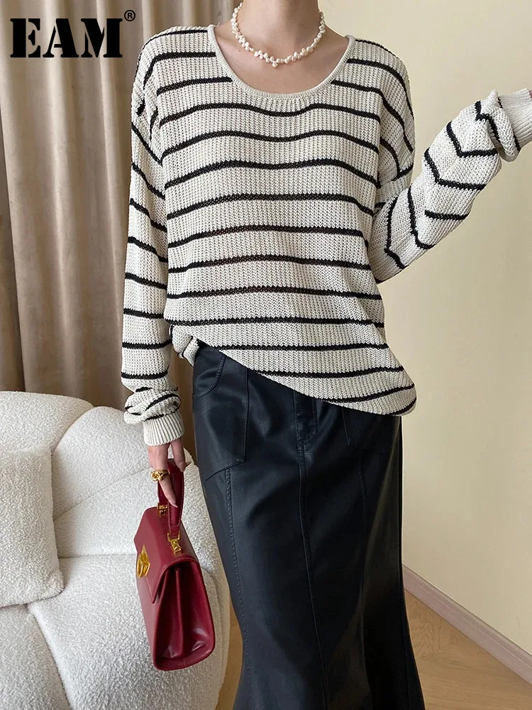 

[EAM] Apricot Big Size Striped Knitting Sweater Round Neck Long Sleeve Women Pullovers New Fashion Spring Autumn 2024 1DH133