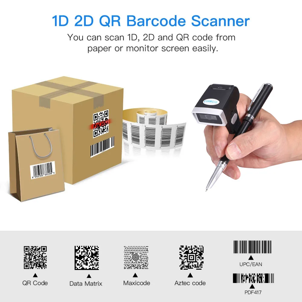 

EVAWGIB 1D 2D Barcode Scanner Wireless QR Bar Code Reader Finger Ring Inventory Counter Data Collector Bar Code Scanners PDF 417