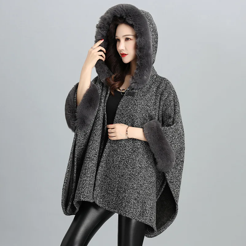 

Imitation Fur Collar Winter Women's Hooded Cardigan Shawl Coat Poncho Fashionable Upscale Capes Gray Cloaks