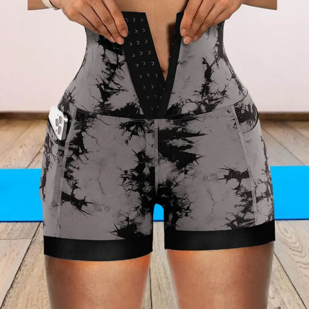 

Wide Waistband Shorts Tie-dye Yoga Shorts for Women High-waist Tummy Control Butt-lifted Front Closure Elastic Compression