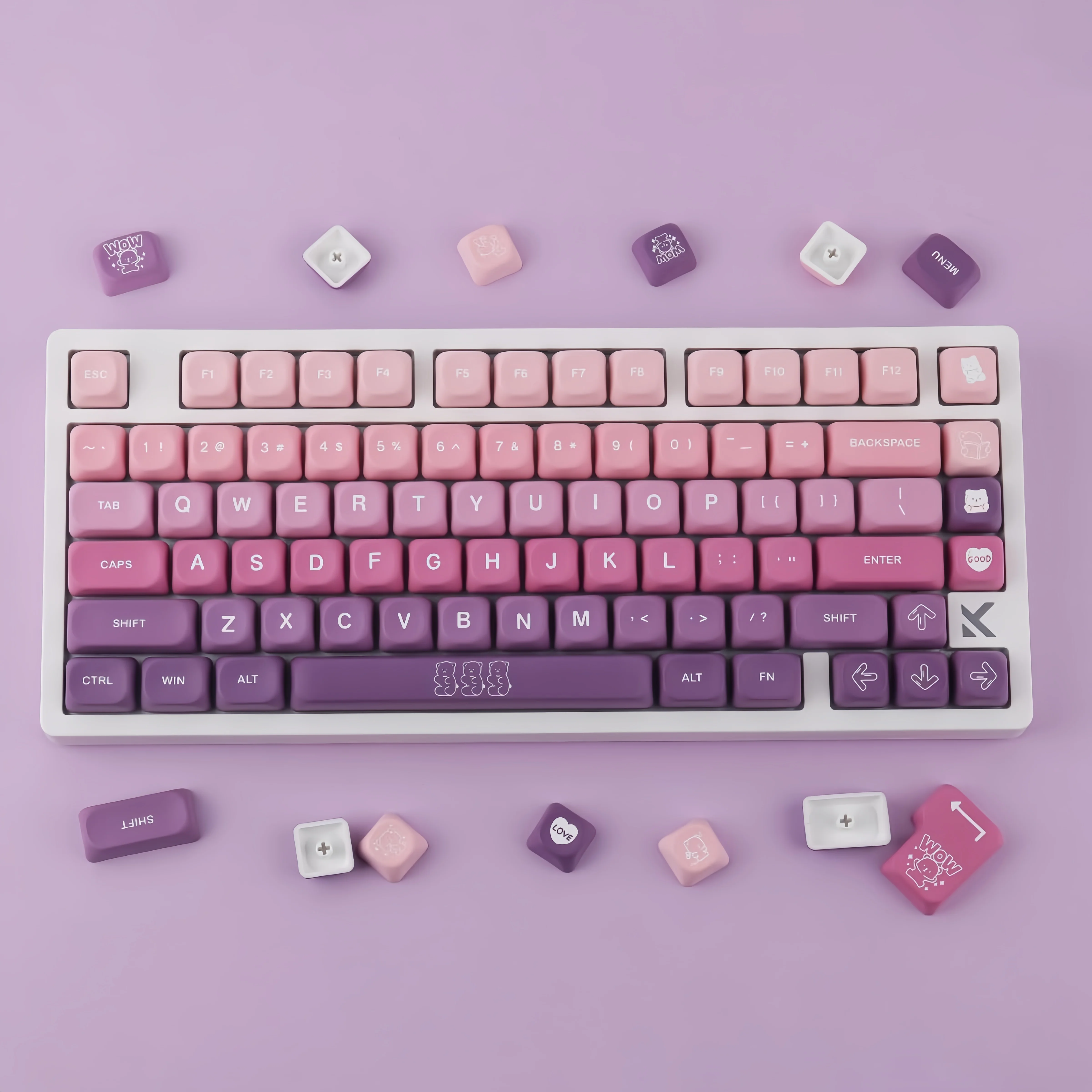 Gradient purple keycaps close up detail mechanical keyboard