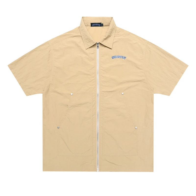 

Embroidery Letter Logo Zipper Shirt Summer Men Women Khaki High Quality Short Sleeve T-shirt