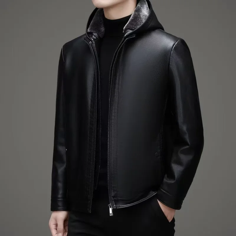 سترة شتوية من الجلد الطبيعي الراقية مع سترة جلدية بغطاء للرأس من الفرو وسترة فرو سميكة للرجال سترة شتوية من الجلد الطبيعي الراقية مع سترة جلدية بغطاء للرأس من الفرو وسترة فرو سميكة للرجال