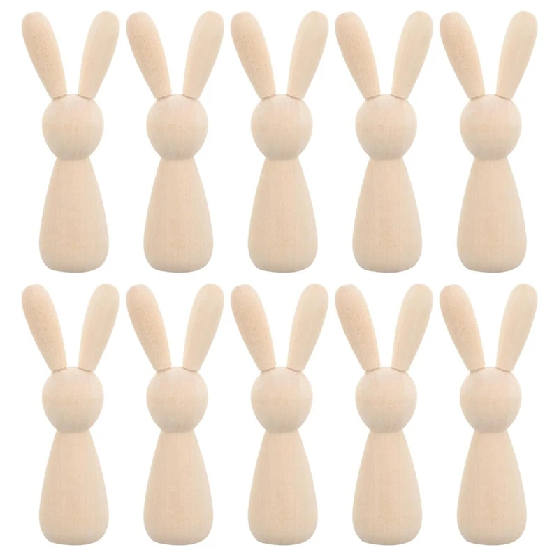 

10 Piece Unfinished Wooden Rabbit Doll Figure Wood Color Wood DIY Blank Wood Bunny Puppet Craft Art Easter Decoration