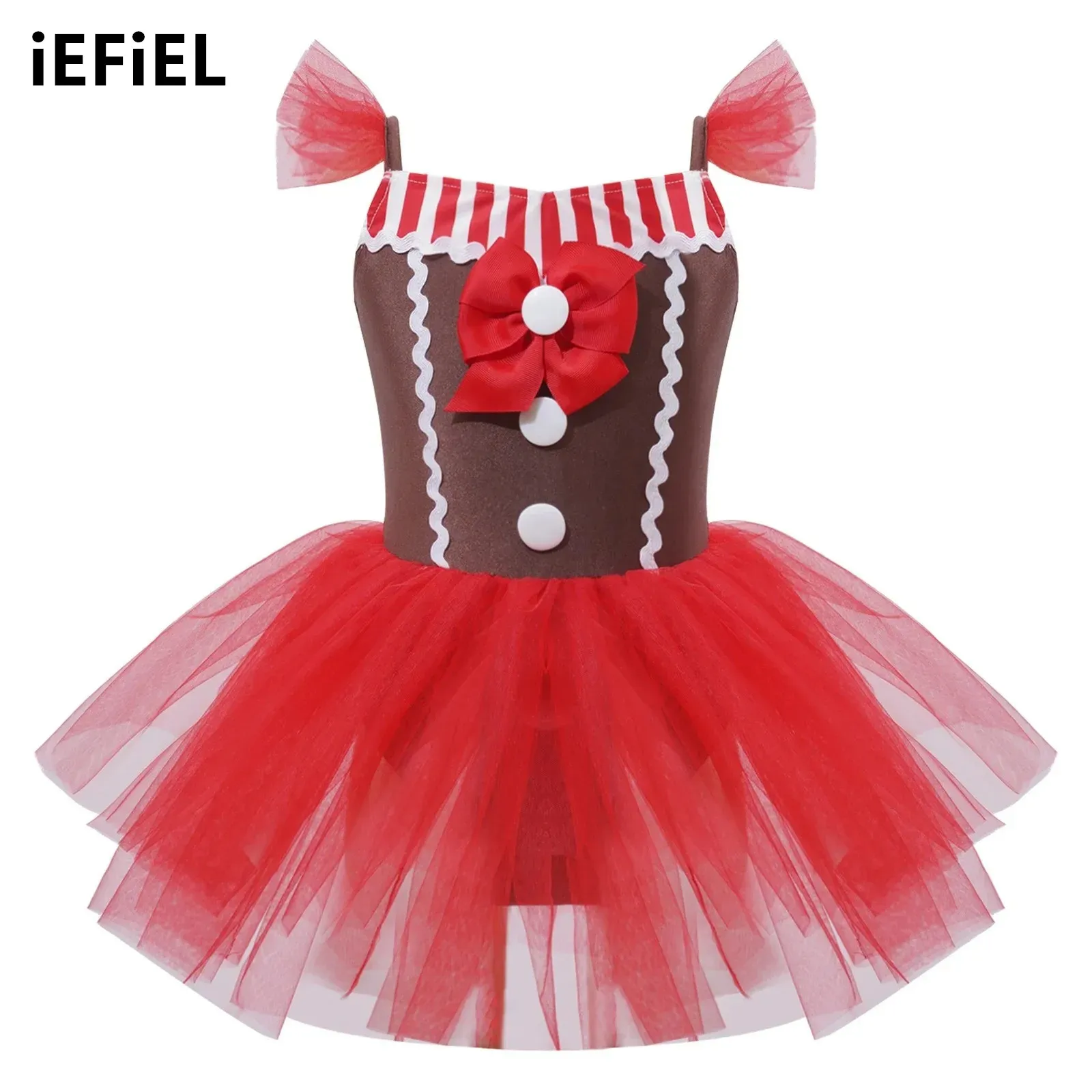 

Kids Girls Christmas Dress Holiday Costume Gingerbread Costume Dress Sleeveless Cami Dress Bowknot Striped Tutu Dress Bodysuit