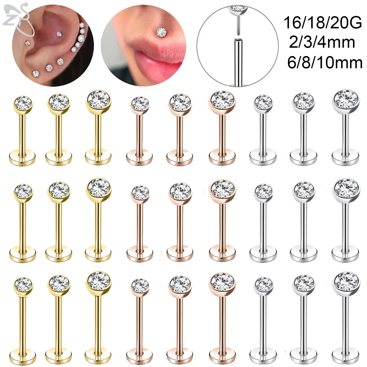 

ZS 1PC 16G/18G/20G Crystal Lip Labret Piercing Stainless Steel Lip Studs Plug in Style Cartilage Earring Daith Helix Piecings