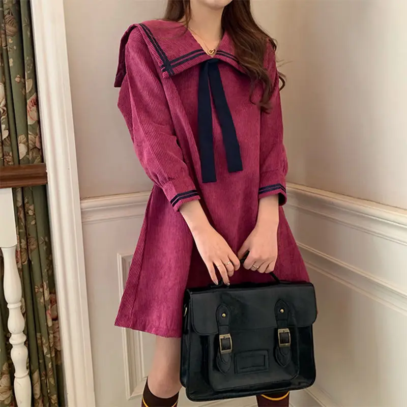 

Fashion Sailor Collar Spliced Lace Up Bow Mini Dress Female Clothing 2024 Spring New Loose All-match Solid Color Casual Dresses