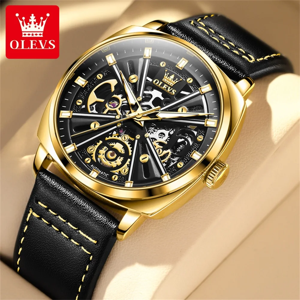 

OLEVS Brand Luxury Mechanical Watch for Men Leather Strap Waterproof Luminous Hands Fashion Tonneau Dial Skeleton Watches Mens