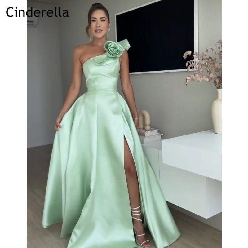 

Mint Green Prom Dresses One Shoulder A-Line High Quality Satin Prom Dresses With Lace Up Back vestidos de fiesta de noche