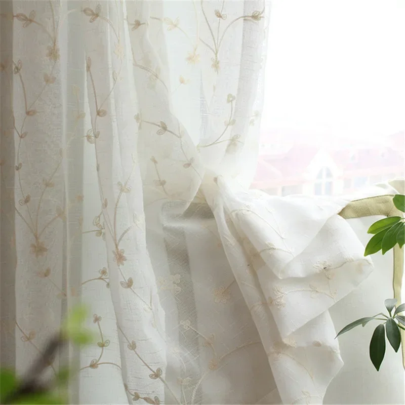 

Embroidered Linen Floral White Tulle Sheer Curtains for Living Room Bedroom Curtain for Kitchen Voile Curtain Blind Panels Decor