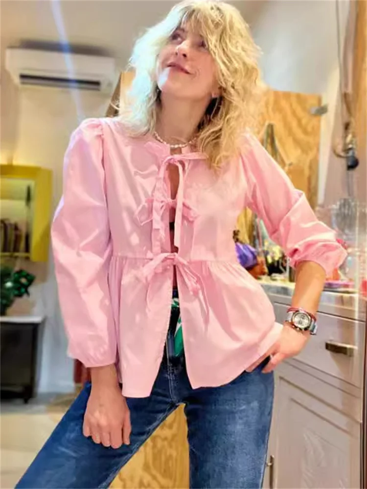 

Summer 2024 New Women O-Neck Sweet Lace Up Puff Sleeve Blouse Ladies All-Match Solid Color Ruffled Trim Simple Shirt