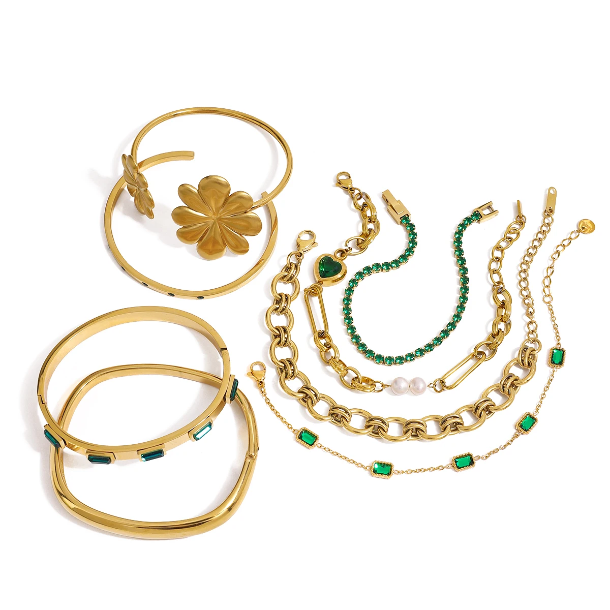 Retro 18K Gold Color Stainless Steel Green Zircon Bracelet Flower Buckle Bracelet Stackable Women's Jewelry Gift for Her Fashion bracelet styled with rings and earrings