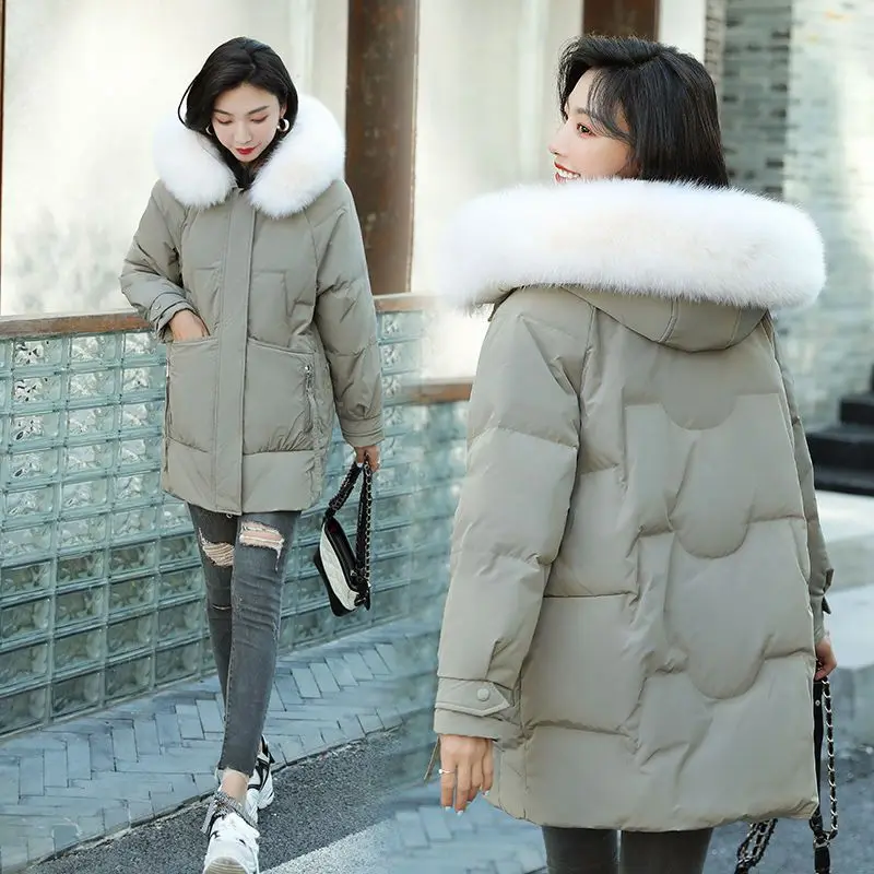 

Женское хлопковое пальто средней длины, новая зимняя модная ветрозащитная теплая парка, Студенческая свободная пуховая куртка с большим меховым воротником и капюшоном, R137