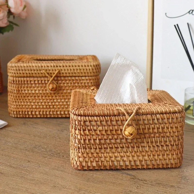 

New Simple Style Handmade Rattan Tissue Box Toilet Paper Cover Dispenser for Bathroom Home Office Hotel Napkin Storage Container