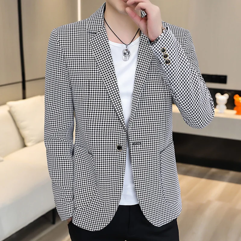 

New Men's Gentleman Blazer Slim Fit Casual Wedding British Style Thousand Birds Checkered Bloke Handsome Business Fashion Suit