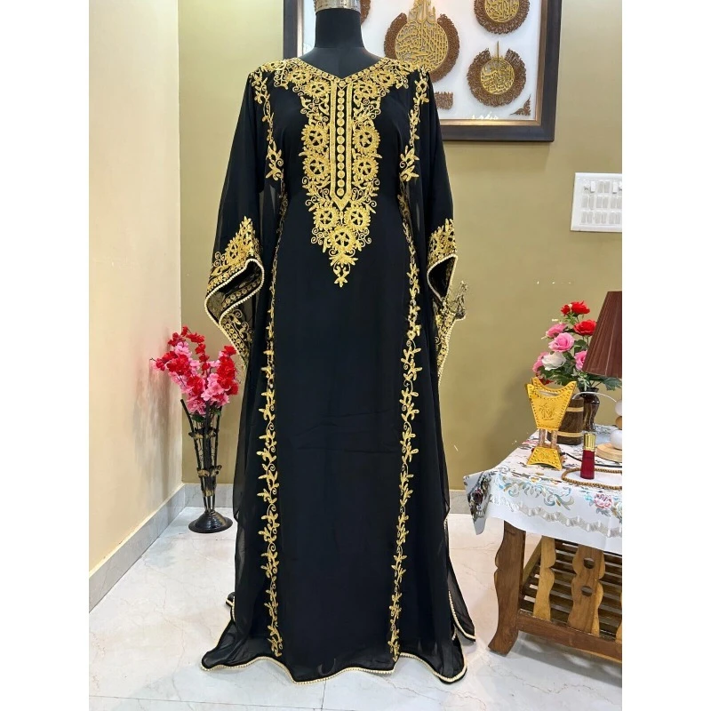

Black Oferta Marroquí Negro Abaya Vestido Dorado Ari Bordado Caftán Muy Elegante