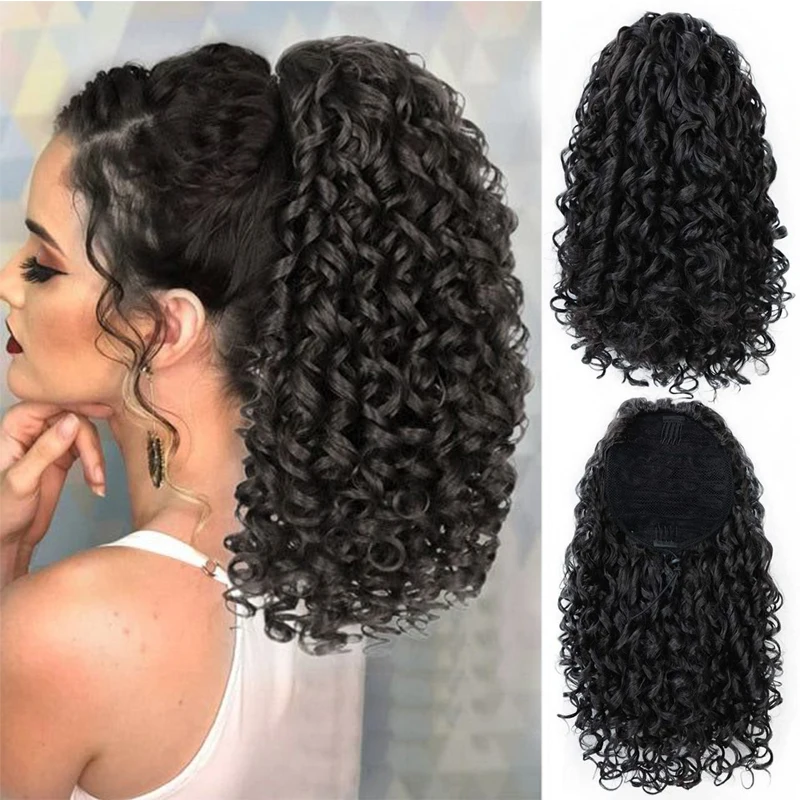 

14'' Kinky Curly Ponytail Hair for Women Short Fluffy Curly Drawstring Ponytail Natural Synthetic Afro Curly Fake Tail Hairpiece